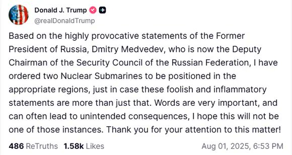 In response to Medvedev's threatening Tweet Trump has ordered nuclear subs to move to an appropriate position. Hmmm... More than what Biden did. Just sayin' Might mean nothing though 🤷 You never know with the orange manchild