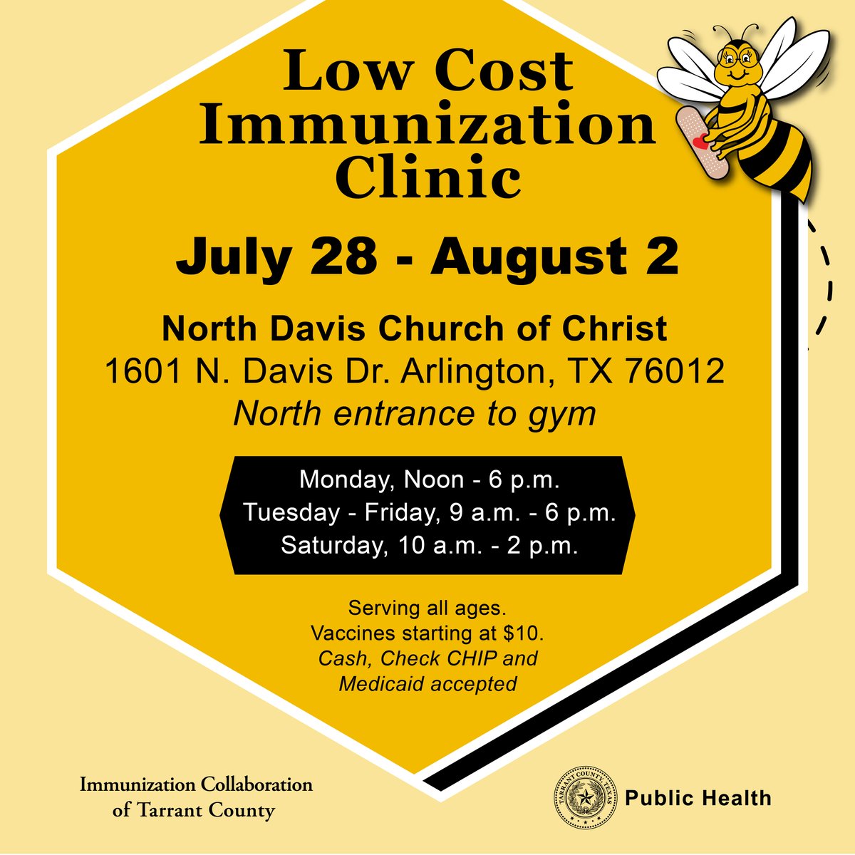 ARLINGTON! Swing by and get your whole family vaccinated in 20 minutes or less. It’s fast, easy, and open to everyone—no appointment or insurance needed. Our team will be at this location for two more days. See you soon! tarrantcountytx.gov/backtoschool
