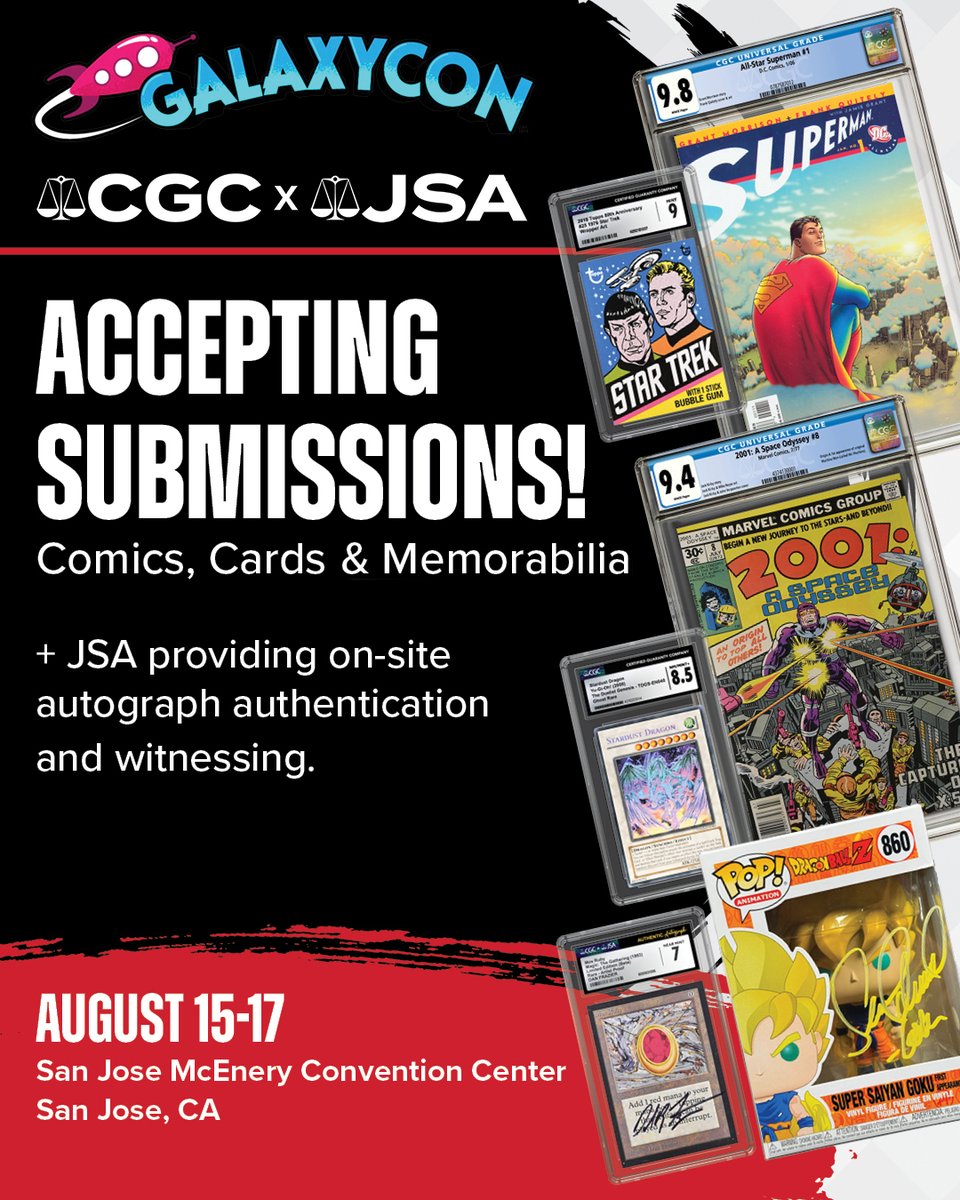CGC Comics (@cgccomics) on Twitter photo #CGCxJSA will be at <a href="/galaxyconsjc/">GalaxyCon San Jose</a> in #SanJose, #California on August 15-17! ☀️ Submit your comics, cards or memorabilia or grab a witness for a signing! For more info, click cgc.click/lcx 🌴 #CGCxJSA will be at <a href="/galaxyconsjc/">GalaxyCon San Jose</a> in #SanJose, #California on August 15-17! ☀️ Submit your comics, cards or memorabilia or grab a witness for a signing! For more info, click cgc.click/lcx 🌴