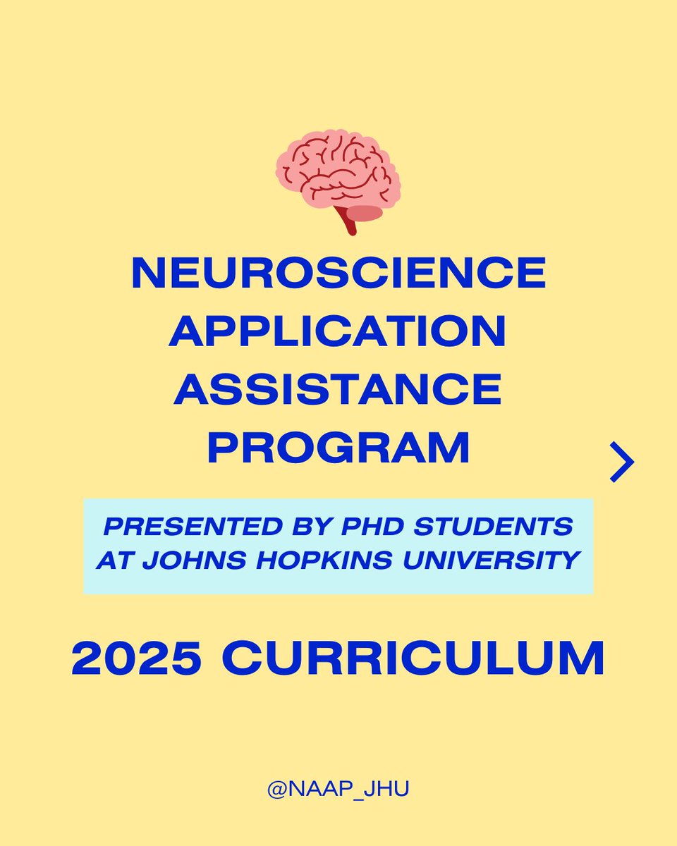 NAAP at JHU (@naap_jhu) on Twitter photo Announcing the Neuroscience Application Assistance Program (NAAP) Curriculum for 2025! We are an organization run by <a href="/HopkinsNeuro/">Hopkins Neuroscience</a> PhD students aiming to help make your PhD application process more accessible! Announcing the Neuroscience Application Assistance Program (NAAP) Curriculum for 2025! We are an organization run by <a href="/HopkinsNeuro/">Hopkins Neuroscience</a> PhD students aiming to help make your PhD application process more accessible!