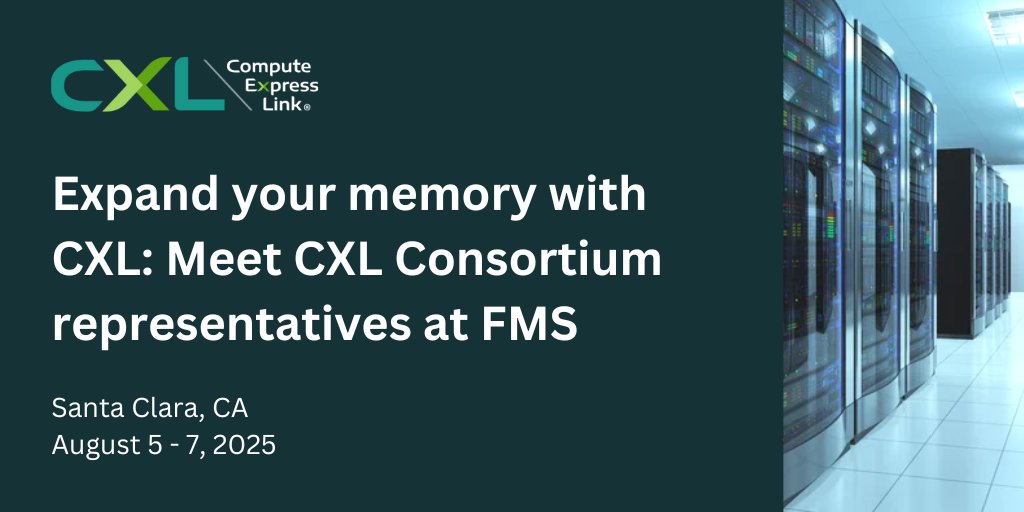 Compute Express Link (@computeexlink) on Twitter photo Kicking off Day 1 of <a href="/flashmem/">FMS: the Future of Memory and Storage</a> #FMS25! #CXLConsortium is excited to share how #ComputeExpressLink (CXL) expands memory and transforms server infrastructure. Visit us at booth 725 and catch our panel on Aug 6 at 9:45 AM PT in Ballroom D. Full details: bit.ly/47a0rkt Kicking off Day 1 of <a href="/flashmem/">FMS: the Future of Memory and Storage</a> #FMS25! #CXLConsortium is excited to share how #ComputeExpressLink (CXL) expands memory and transforms server infrastructure. Visit us at booth 725 and catch our panel on Aug 6 at 9:45 AM PT in Ballroom D. Full details: bit.ly/47a0rkt