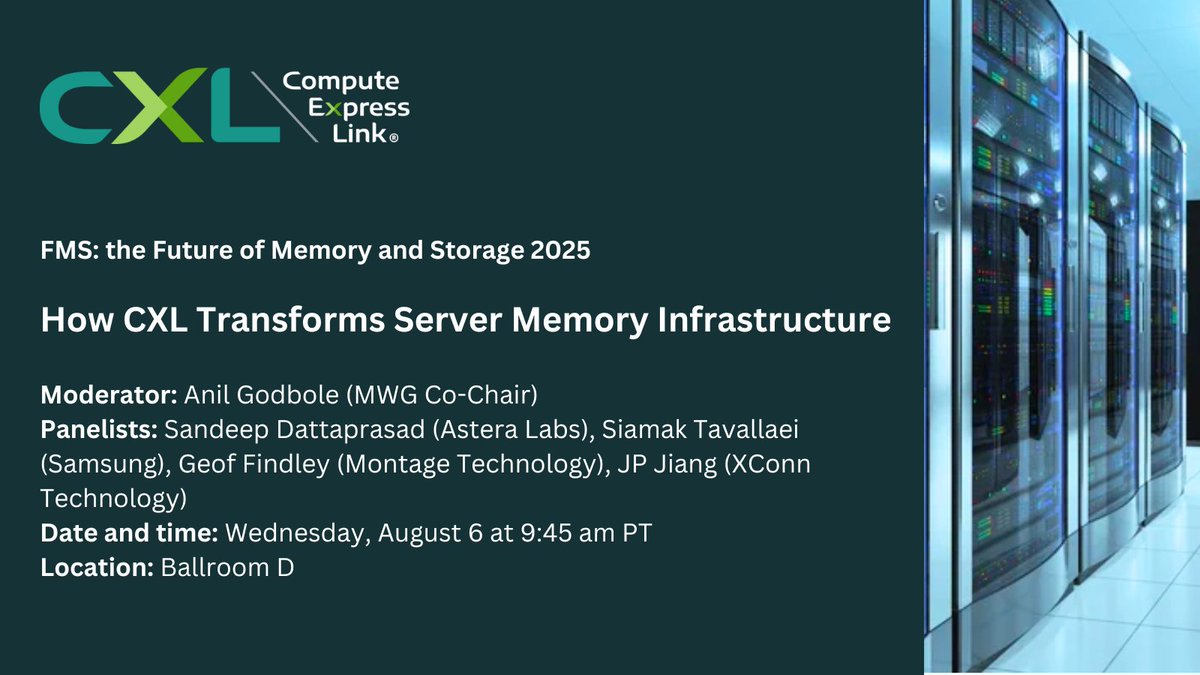 Compute Express Link (@computeexlink) on Twitter photo Join #CXLConsortium members from @Intel, <a href="/AsteraLabs/">Astera Labs</a>, <a href="/Samsung/">Samsung Electronics</a>, Montage Tech & Xconn at #FMS25 as they explore the power of #ComputeExpressLink (#CXL) memory pooling and sharing. Don’t miss the panel today, August 5 at 9:45 am PT in Ballroom D: bit.ly/47a0rkt Join #CXLConsortium members from @Intel, <a href="/AsteraLabs/">Astera Labs</a>, <a href="/Samsung/">Samsung Electronics</a>, Montage Tech & Xconn at #FMS25 as they explore the power of #ComputeExpressLink (#CXL) memory pooling and sharing. Don’t miss the panel today, August 5 at 9:45 am PT in Ballroom D: bit.ly/47a0rkt