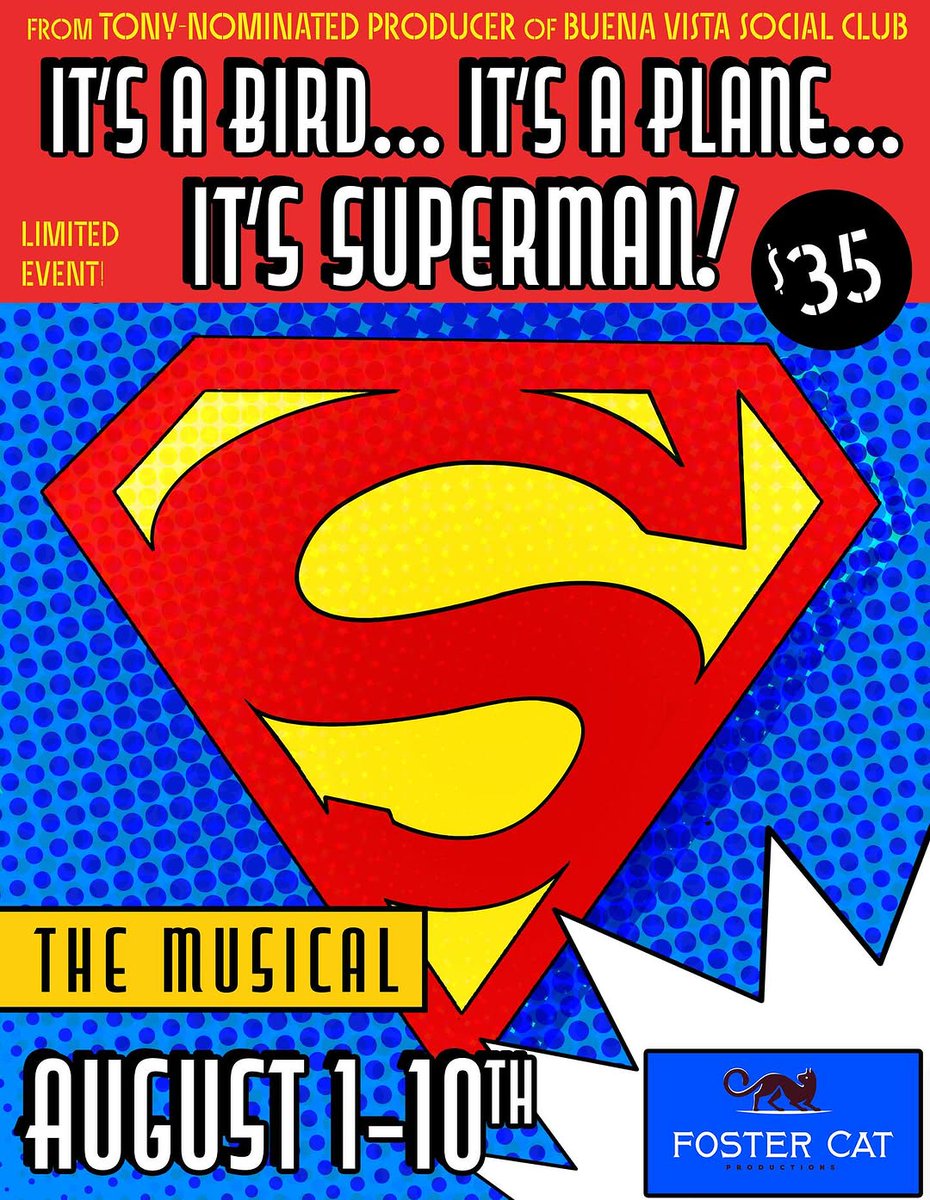 Happening tonight! It's a Bird... It's a Plane... It's Superman! the Musical, with work from Producers/ Writers/ Actors Elliot and Harry White of <a href="/thefostercats/">Foster Cat Productions</a>, is showing tonight through August 10th! 

Get your tickets: bit.ly/3IVlCwM

#Superman #Musical #Theatre