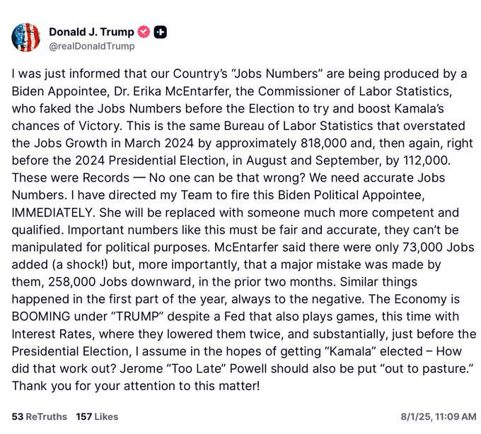 gbrew24's tweet photo. Doesn't bode well for the strength of US econ data moving forward. 

BTW if Trump wants a stronger economy, undermining the reliability of BLS is about as counter-productive as you can get. https://t.co/4493WFBwYB