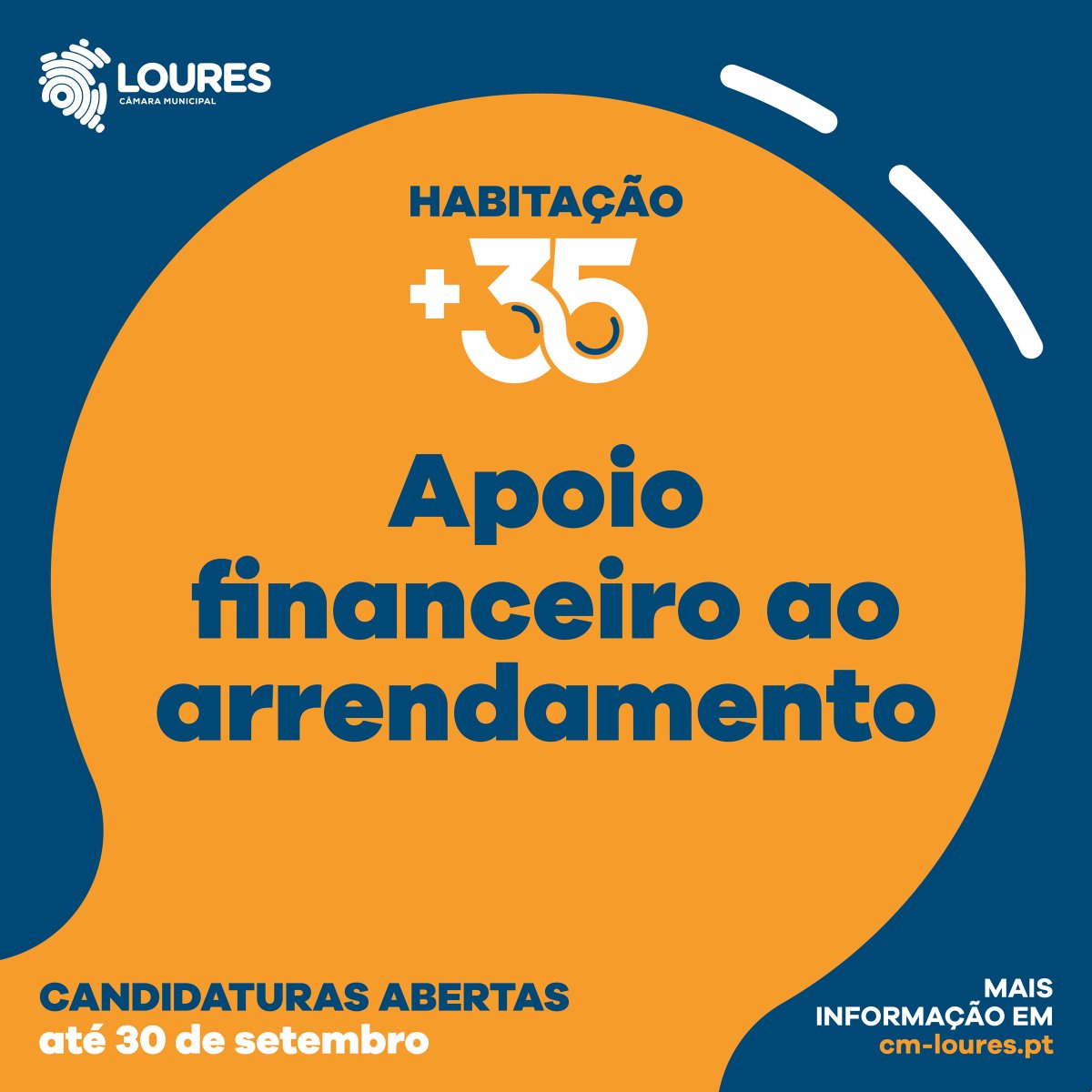 𝐇𝐚𝐛𝐢𝐭𝐚𝐜̧𝐚̃𝐨 +𝟑𝟓: 𝐂𝐚𝐧𝐝𝐢𝐝𝐚𝐭𝐮𝐫𝐚𝐬 𝐚𝐛𝐞𝐫𝐭𝐚𝐬 𝐚𝐭𝐞́ 𝟑𝟎 𝐝𝐞 𝐬𝐞𝐭𝐞𝐦𝐛𝐫𝐨
As candidaturas ao Habitação +35 estão a decorrer entre os dias 1 de agosto a 30 de setembro de 2025.

Saiba mais em cm-loures.pt/Conteudo.aspx?…