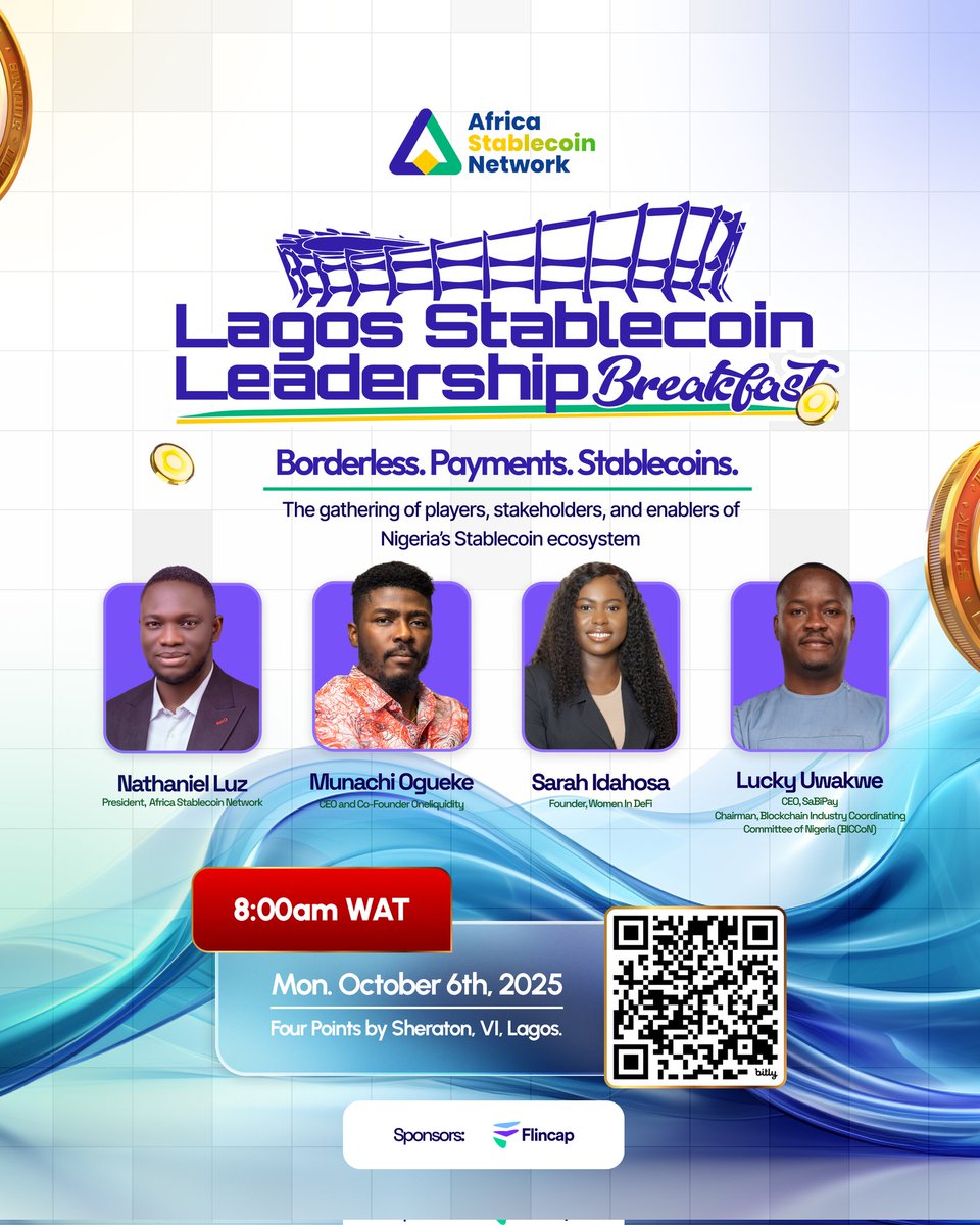 STABLECOINS ARE DEFINITELY THE 'IN THING' NOW!!!!!

That's why we are super excited to introduce a meeting powerful, intentional, and built for impact.

The Lagos Stablecoin Leadership Breakfast is a private gathering of visionary minds, regulators, founders, builders, and