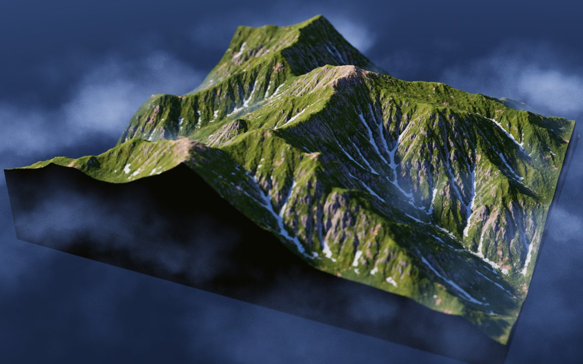 中央アルプスの稜線。4km四方。バージョンが上がって安定したので、広い範囲も試せるように。スケールが変わると岩屑等の微細な要素が見えなくなるのでよりマクロな見せ方を意識しないとならないですね。 #GeoGen #Terrain