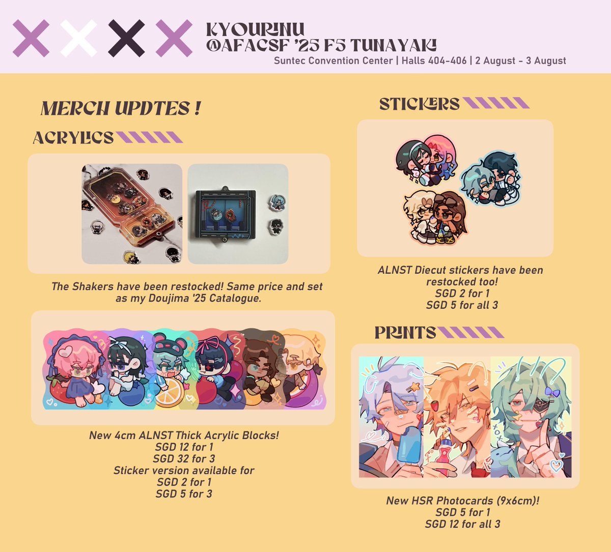 hyrinu's tweet photo. 🌼🌼Hello! We are over at #AFACSFSG25 F5! I'm sharing the same catalogue as my Doujima '25 Catalogue [https://t.co/bElymnmmZU] and some merch updates and additions in this post 💜 https://t.co/cmix2vzuZ8