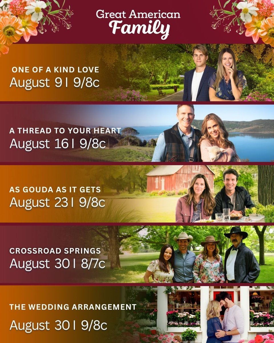 Great American Family (@gafamilytv) on Twitter photo Mark your calendar! 🗓️  Every weekend in August is packed with must-see premieres — plus our all-new original series 'Crossroad Springs' debuts Saturday, August 30 at 8/7c! 🤠 Mark your calendar! 🗓️  Every weekend in August is packed with must-see premieres — plus our all-new original series 'Crossroad Springs' debuts Saturday, August 30 at 8/7c! 🤠