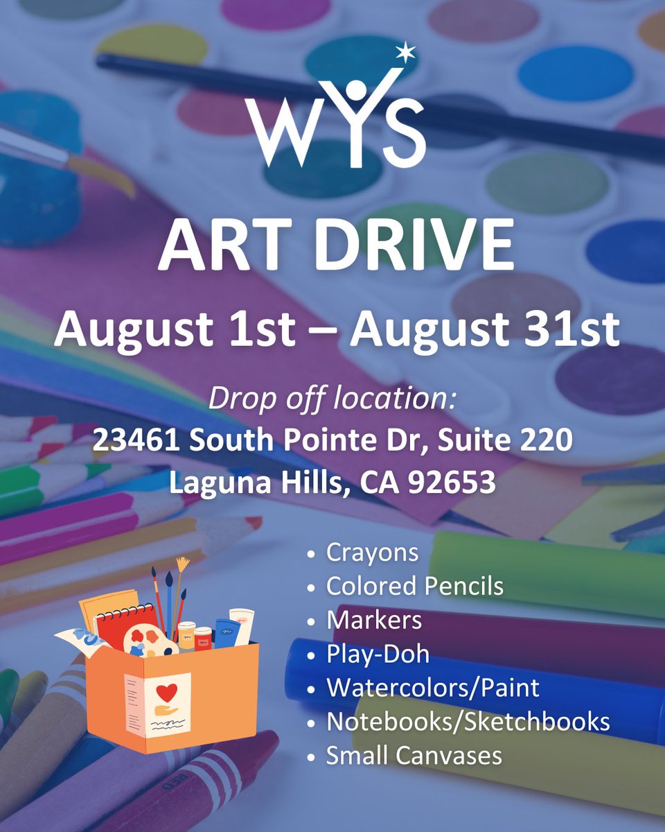 🎨 Join Our Art Drive!
From August 1st–31st, we’re collecting art kits to support art therapy in our clinics and school-based programs.

🎒Needed Supplies: Crayons, Markers, Colored Pencils, Play-Doh, Watercolors/Paint, Notebooks/Sketchbooks &amp; Small Canvases!