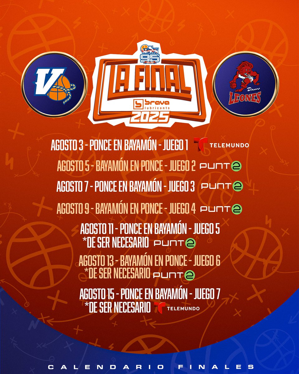 Baloncesto Superior Nacional 🏀🇵🇷 (@bsnpr) on Twitter photo 🏆 Revisión del calendario para La Final Brava 2025 que arranca este domingo con la visita de <a href="/LeonesPonceBSN/">Leones de Ponce BSN</a> a <a href="/VaquerosBSN/">Vaqueros de Bayamón</a> 🔥
📅 Domingo, 3 de agosto
⏰ 8PM
📺 <a href="/TelemundoPR/">TelemundoPR</a>
#LaMásDura 🏆 Revisión del calendario para La Final Brava 2025 que arranca este domingo con la visita de <a href="/LeonesPonceBSN/">Leones de Ponce BSN</a> a <a href="/VaquerosBSN/">Vaqueros de Bayamón</a> 🔥
📅 Domingo, 3 de agosto
⏰ 8PM
📺 <a href="/TelemundoPR/">TelemundoPR</a>
#LaMásDura