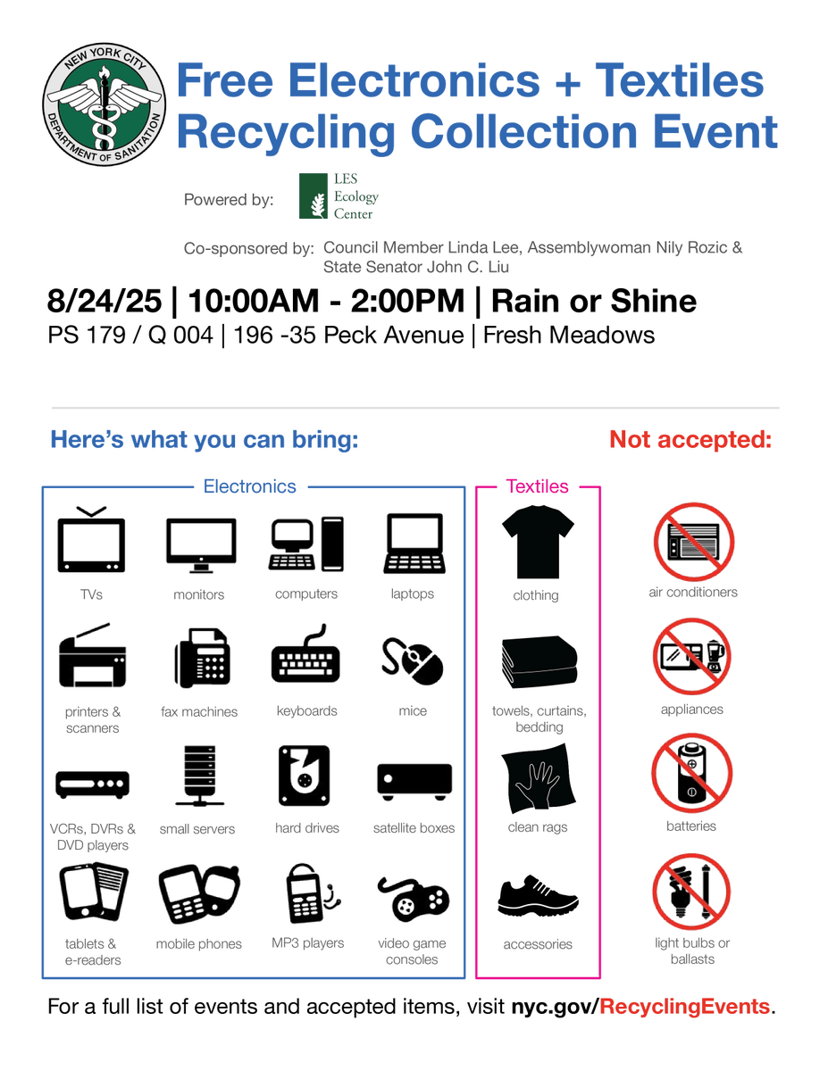 Got unwanted electronics or textiles at home? Bring them to our free recycling event with Lower East Side Ecology! Join us on August 24 at 10:00 AM at <a href="/p4_queens/">P4Queens</a> (196-35 Peck Ave) to safely and responsibly dispose of your items.