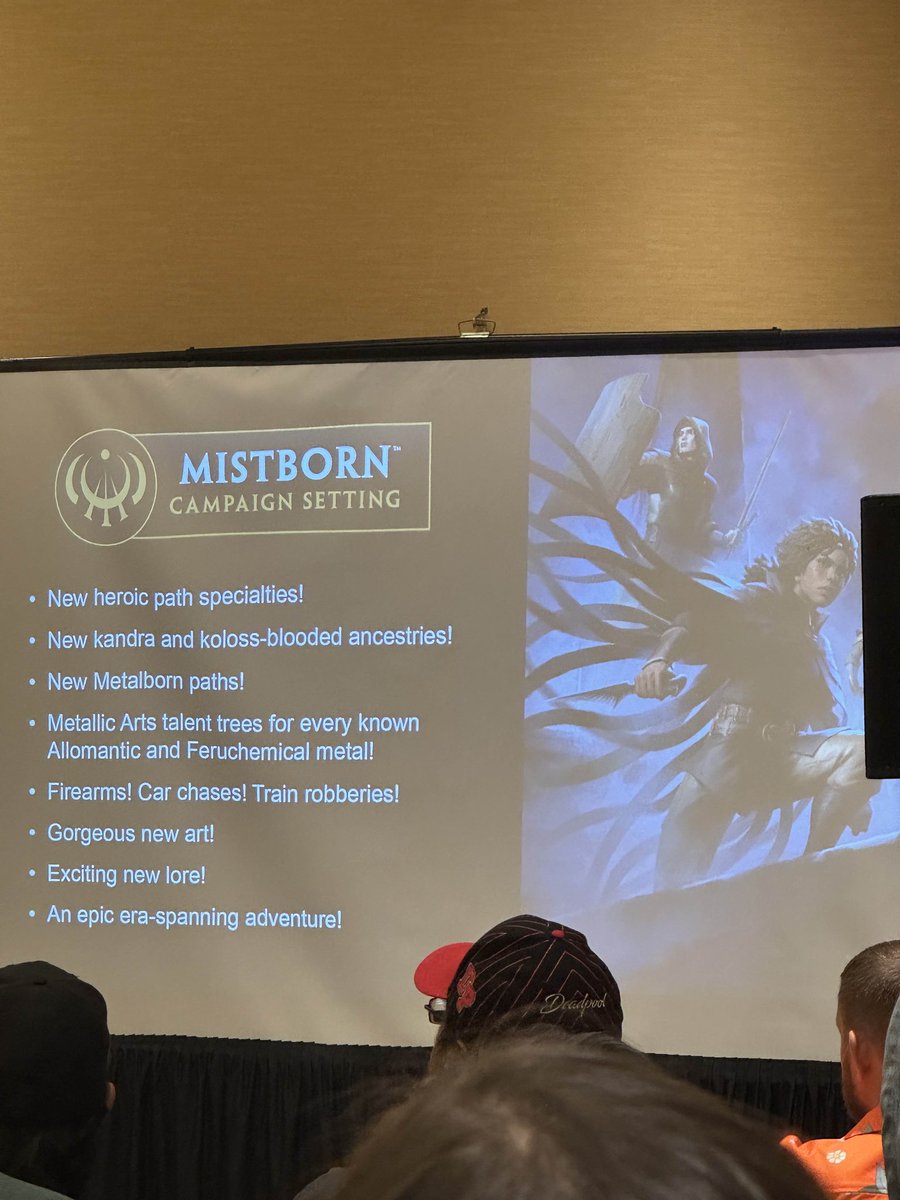 CosmereCentral's tweet photo. Durante a Gen Con 2025, foi revelado que o cenário de Mistborn para o Cosmere RPG terá novas especializações, kandra e sangue koloss jogáveis, árvores de talentos para todos os metais, armas de fogo, assaltos a trem, novas artes, lore inédito e uma aventura entre eras! https://t.co/LIwiVbFVrA