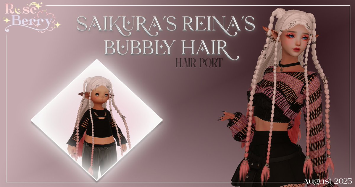 ✦ 𝐒𝐚𝐢𝐤𝐮𝐫𝐚'𝐬 𝐑𝐞𝐢𝐧𝐚'𝐬 𝐁𝐮𝐛𝐛𝐥𝐲 𝐇𝐚𝐢𝐫 is out!! ♥
&gt;&gt; Hair port of one of Saikura's hair models! a cute long bubbly hair, with metal accessories; for all female races except hrothgar &lt;&lt;

Links in pinned post ♥