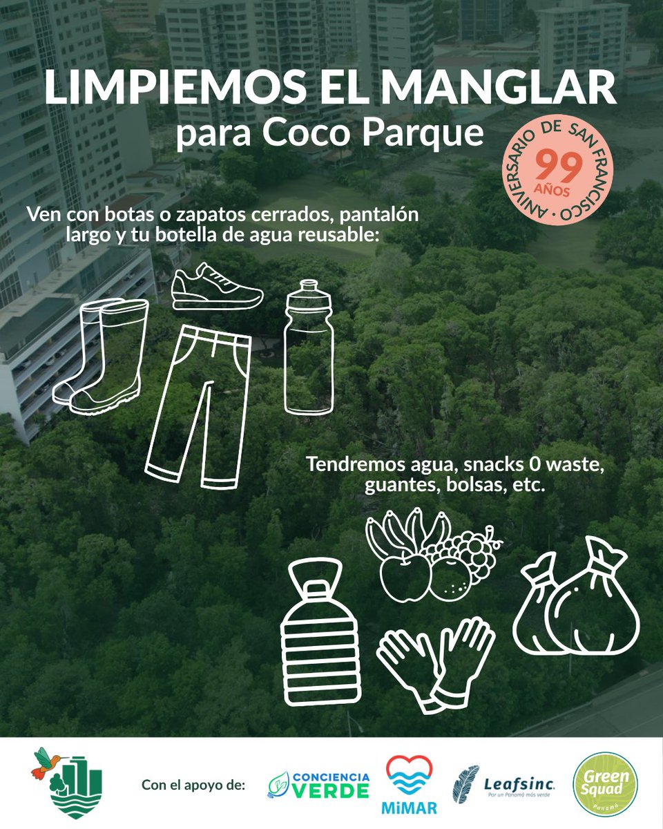 Acompáñanos a celebrar los 99 años del Corregimiento de San Francisco con una limpieza del manglar en preparación a la construcción de la entrada de Coco Parque🌳🌊🥥

El próximo sábado, 9 de agosto a las 9:00 AM en la entrada de Coco Parque🤩
