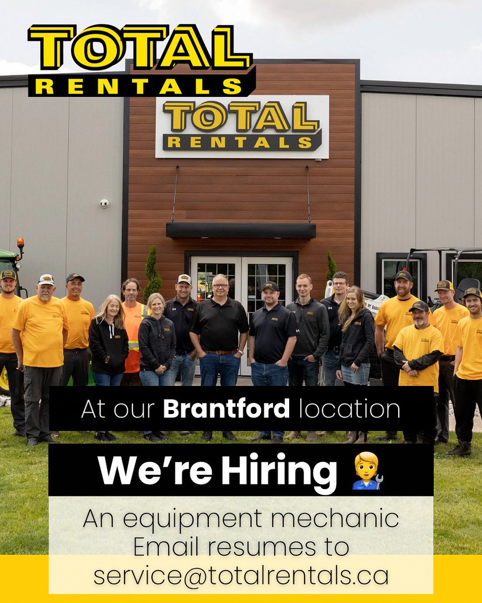 total_rentals's tweet photo. We’re looking for a skilled equipment mechanic at our Brantford location! 👨‍🔧 

If you’re hands-on and love working with equipment, we want to hear from you!

Send your resume to service@totalrentals.ca. 

We look forward to hearing from you! https://t.co/dVkyBEMhta