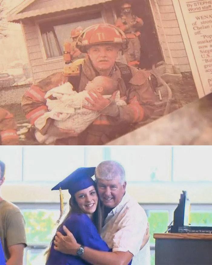 This retired firefighter was invited to the graduation of a girl he saved 17 years ago from her crib during a house fire