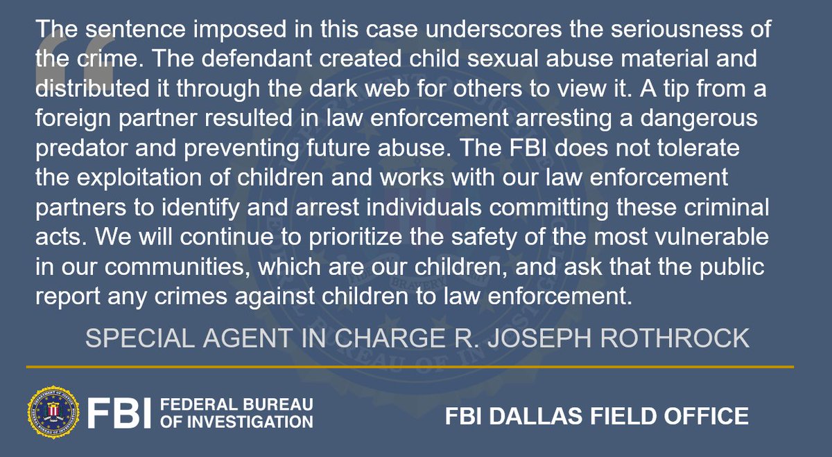 Christopher Driskill was sentenced to 720 months in federal prison for producing child sexual abuse material. He not only produced the material but also distributed it on the dark web. Thanks to a referral from a foreign partner, the FBI and local law enforcement were able to