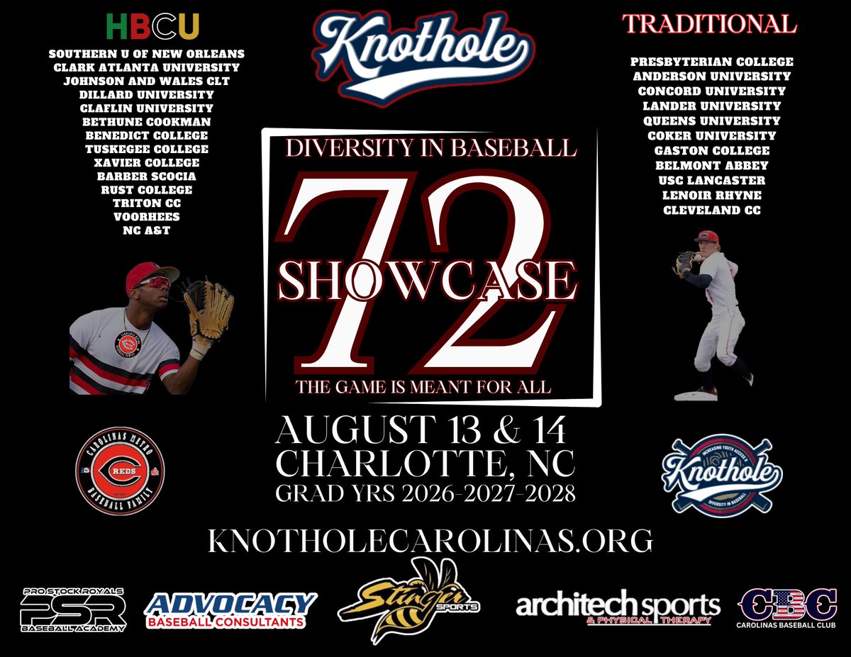 <a href="/KnotholeNC/">Knothole Foundation of the Carolinas</a> Diversity in Baseball Showcase 

This is NOT a "Cattle-Call" showcase
Taking 72 players to showcase skills in front of @HBCU &amp; Traditional University/College recruiters. 

Facility: Home to D1 Queens Univ youtu.be/oA9kQvN0w1E?fe…

Register: knotholecarolinas.org/6th-annual-hbc…