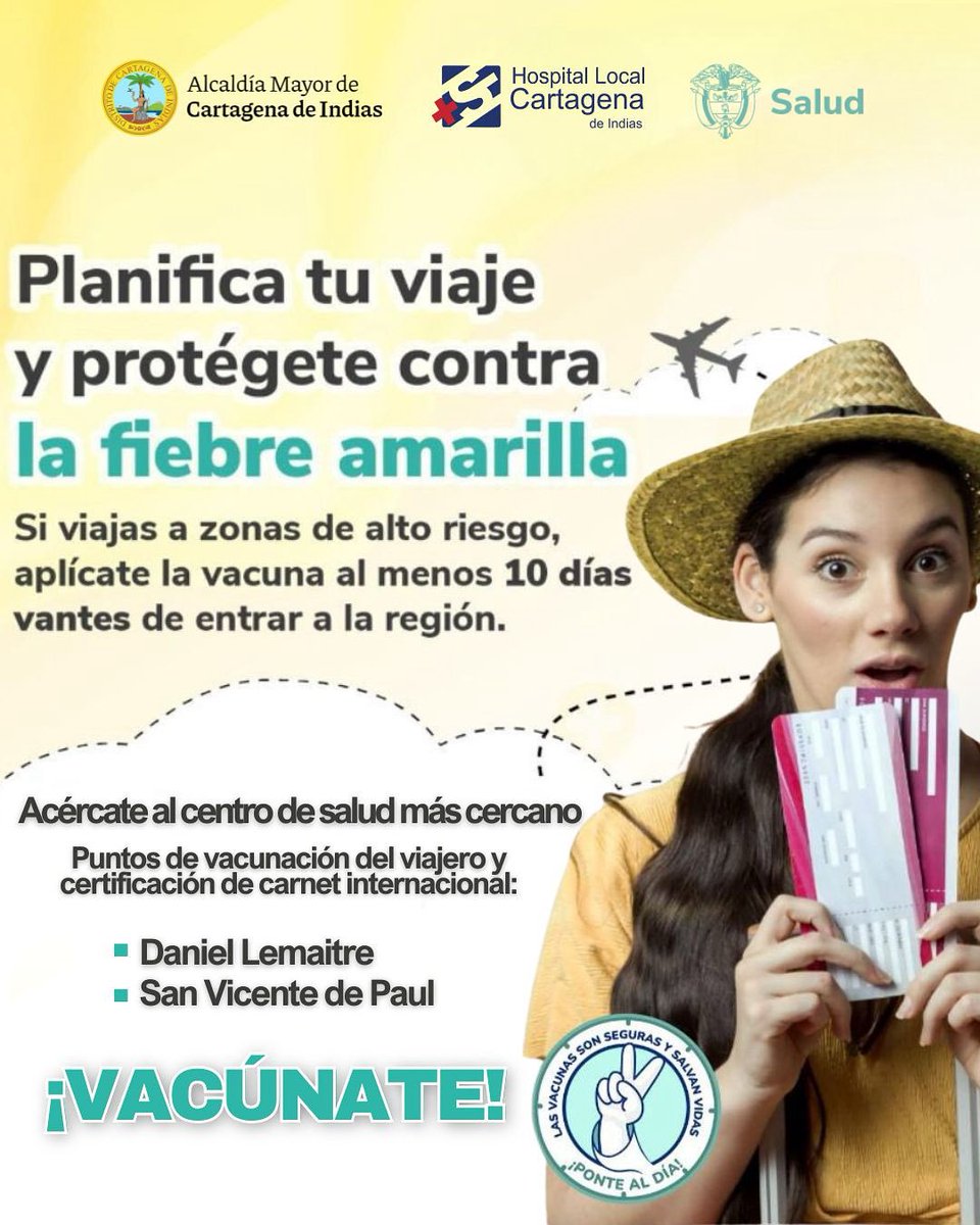 💉 ¡Protégete contra la fiebre amarilla!

Vacunación para viajeros nacionales e internacionales, entrega de carnet en:
📍Daniel Lemaitre
📍San Vicente de Paul

✅ Desde los 9 meses y mayores de 60 años
✅ Vacúnate 10 días antes de viajar

¡Vacúnate sin barreras y cuida tu salud!