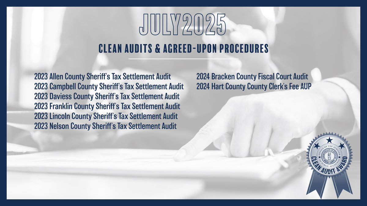 We conduct hundreds of county audits each year, promoting transparency across the Commonwealth. Several counties received clean audit &amp; AUP reports in July. Join me in congratulating these local elected officials!