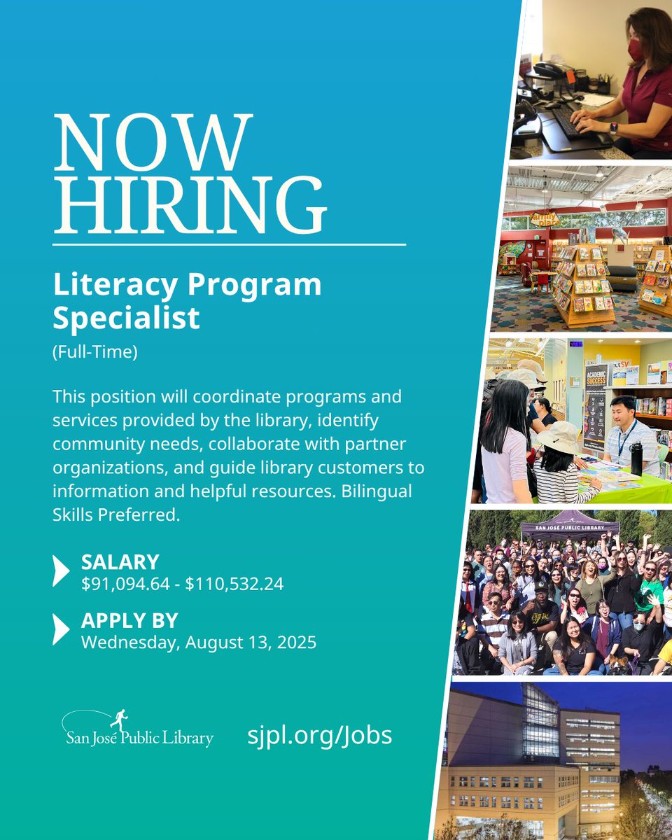 #NowHiring! 📣

#SJPL is seeking a community-oriented Literacy Program Specialist with strong communication skills to help implement the City’s Education and Digital Literacy Strategy.

Apply by Wednesday, August 13, 2025

🔗 Visit sjpl.org/jobs
