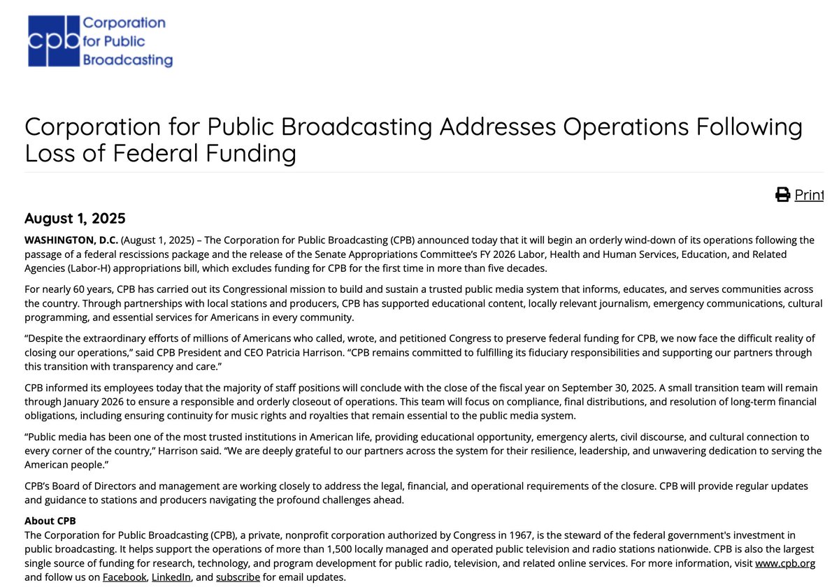 BREAKING: The Corporation for Public Broadcasting announced today that they will soon be shutting down.

This is devastating.

Communities are being left in the dark because Republicans voted to claw back federal funds to public broadcasting.