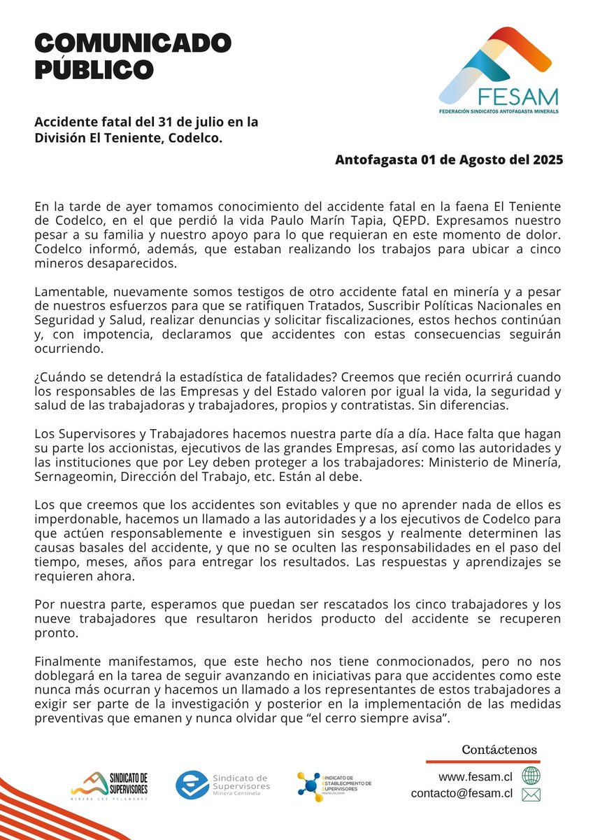 COMUNICADO PUBLICO FESAM: Accidente fatal del 31 de julio en la división El Teniente, Codelco.