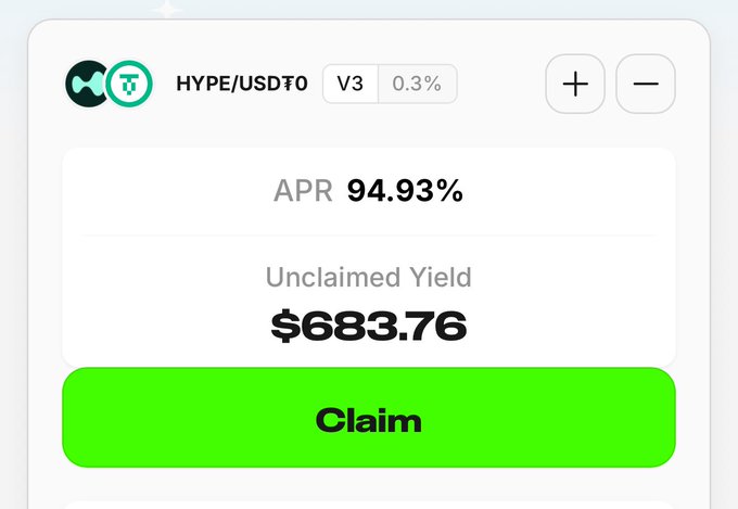 HYPE/USD₮0 포지션, 94.93% APR과 $683.76 미청구 수익