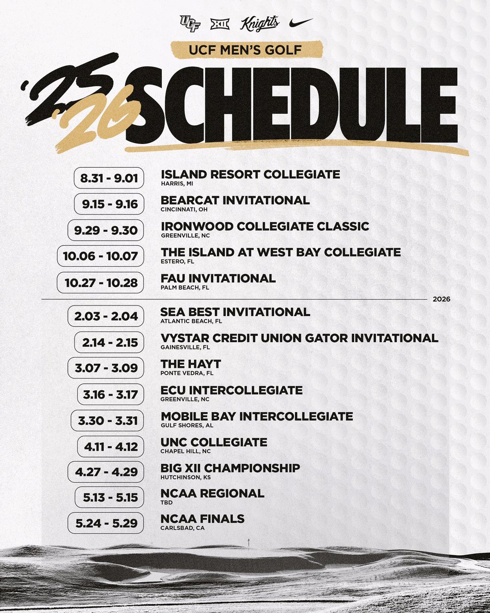 UCF Men's Golf (@ucf_mgolf) on Twitter photo Mark your calendars 🗓️ our 2025-26 schedule is HERE Mark your calendars 🗓️ our 2025-26 schedule is HERE