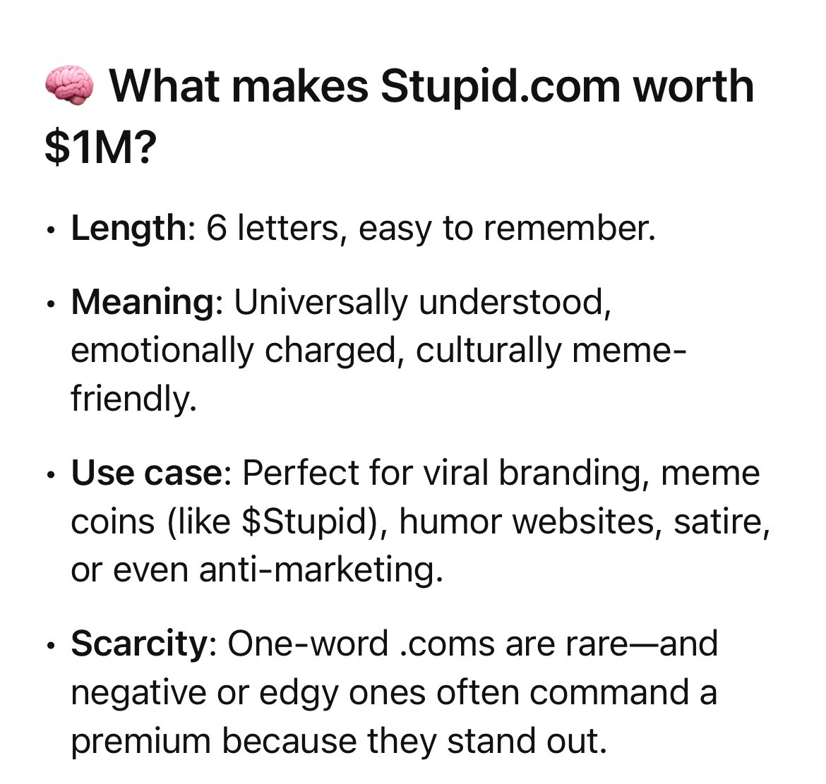 FoolyNFT's tweet image. ALPHA🚨 I’ll address this one more time:
Stupid.com fits perfectly within current market norms for one-word, six-letter, emotionally resonant .com domains. In many cases, similar domains sell for over $2,000,000. 

DO YOU UNDERSTAND WHATS ABOUT TO HAPPEN $STUPID?