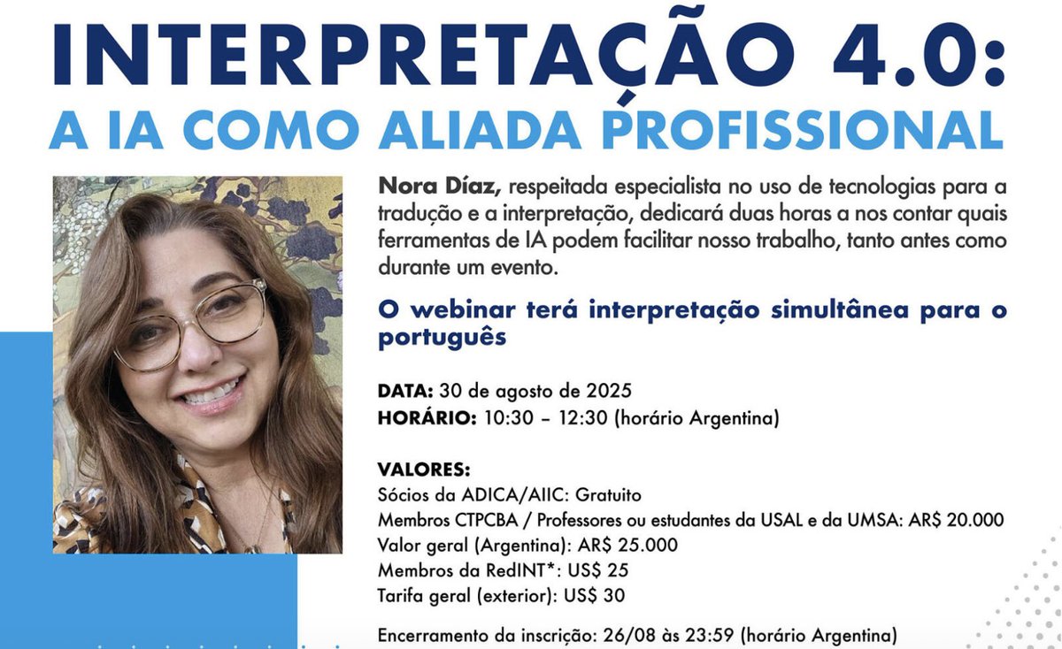 Ciberseminario

     «Interpretación 4.0: La IA🤖 como aliada profesional»
     <a href="/NoraDiazB/">Nora Díaz</a> 🇲🇽

<a href="/adica_arg/">ADICA_Arg</a>🇦🇷, 30 de agosto.
Inscripción: jotform.com/form/241853257…