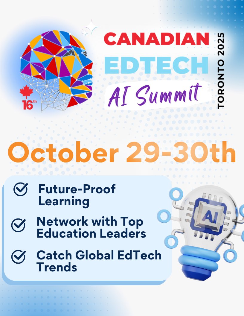 MindShareLearn's tweet image. 🚀 Join the Future of Learning at the Canadian EdTech AI Summit 2025
Sign up today:
summit.canamedtechalliance.com
🎓 Connect with top education leaders, explore global trends, and future-proof your skills.
🌍 Be part of the next generation of AI innovation.
#EdTechAI #CanadianEdTech