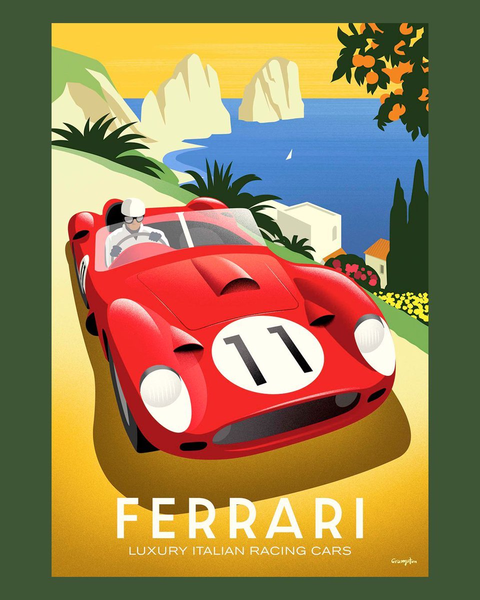 Michael Crampton’s timeless illustration style is popular for it’s bold colour and strong shapes and we particularly love his classic Ferrari illustration that we’ve just added to his portfolio.