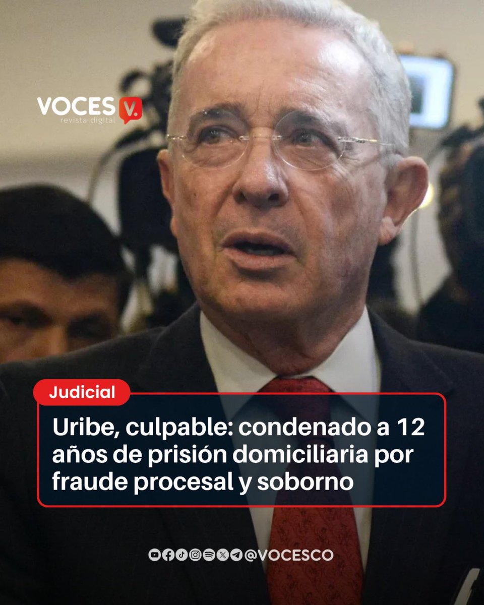 #Atencion #Colombia  Uribe fue condenado a doce años de prisión domiciliaria. La justicia es lenta pero llega.