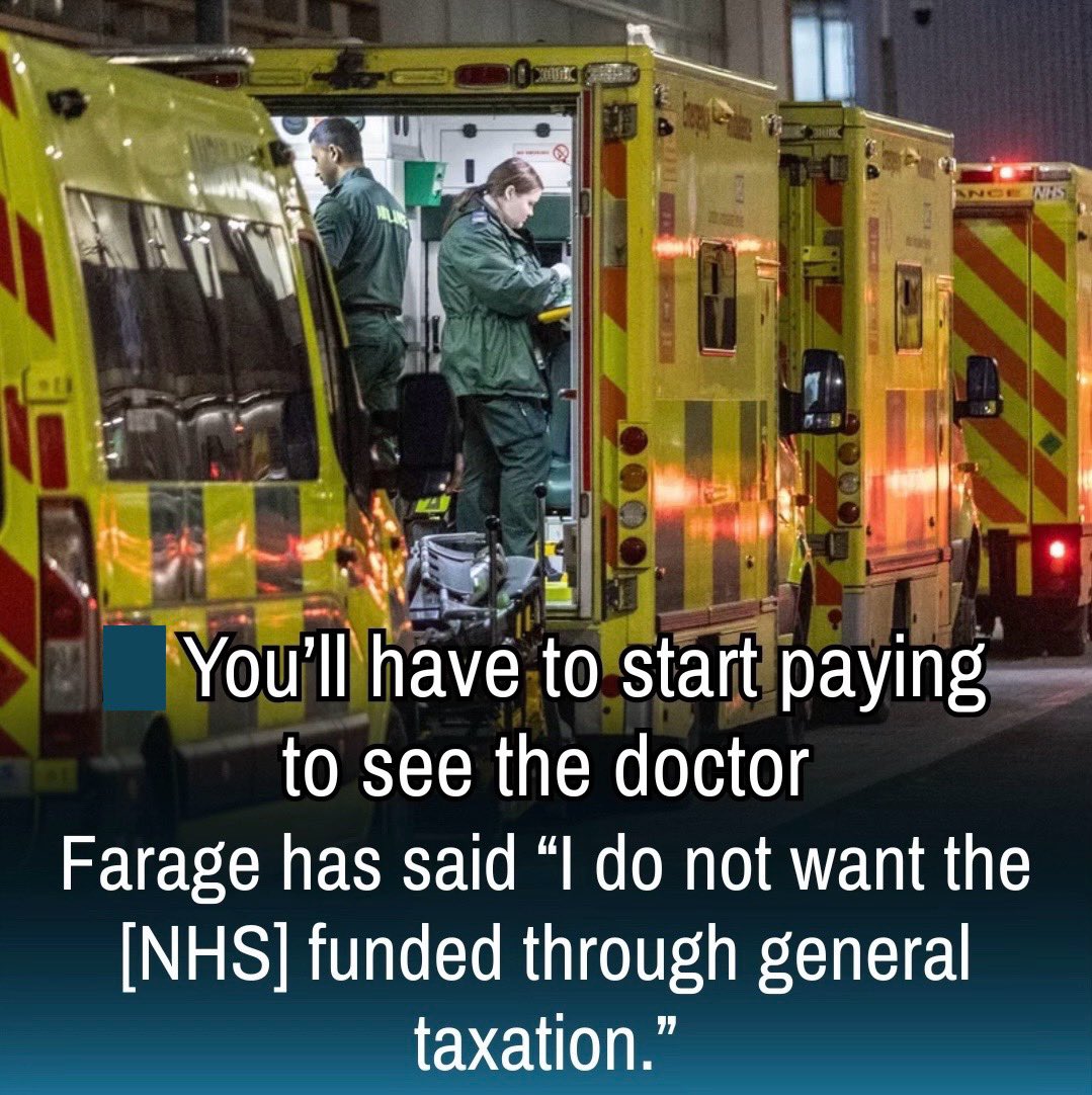 PLL7007's tweet image. Don’t vote for Nigel Farage - Reform.
Nigel wants to line your pockets with money made from your health as he wants to put in place American healthcare insurance. 
Your health won’t benefit from this, but Nigel &amp;amp; his wallet will. 
Nigel Farage is a danger to your health.