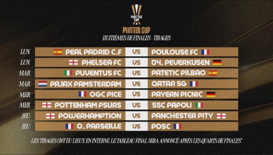 🔮 Le résultat du tirage au sort de la Pwitter Cup. La complétion débutera dans 2 semaines.

~ <a href="/PwitterLeague_/">𝐏𝐖𝐈𝐓𝐓𝐄𝐑 𝐋𝐄𝐀𝐆𝐔𝐄 🦁</a>
