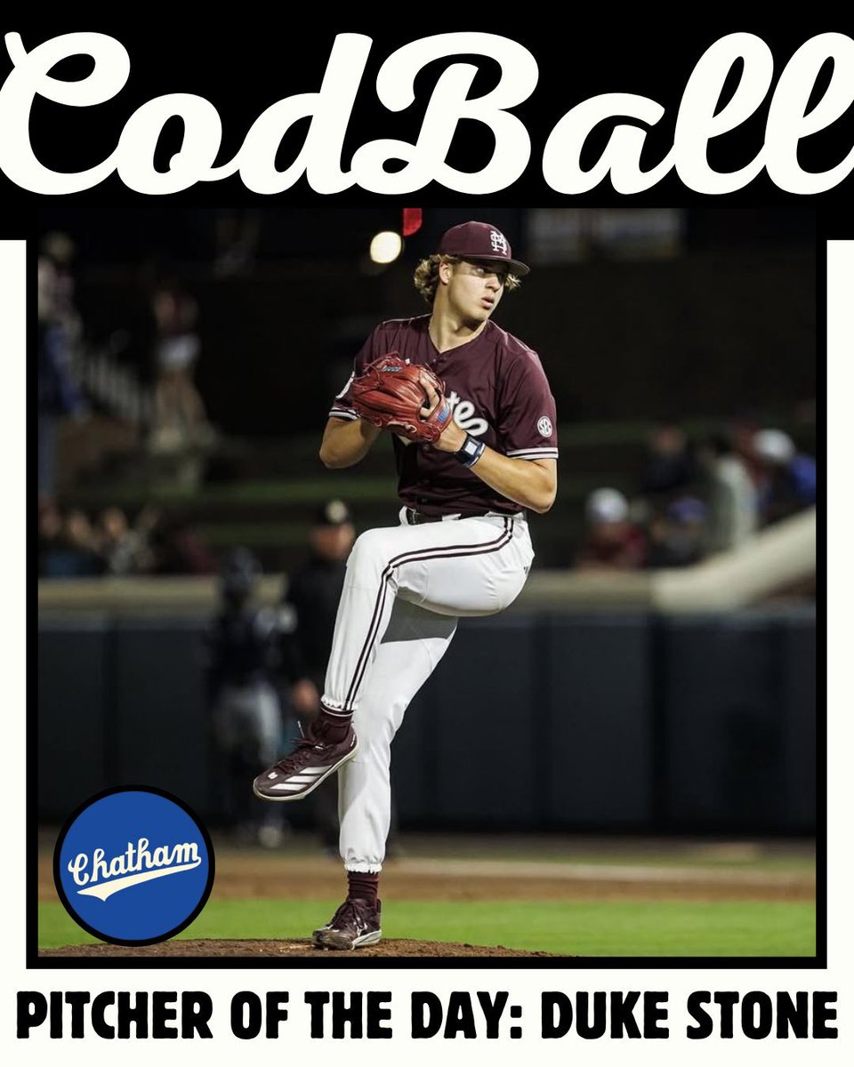 CodBall (@codball) on Twitter photo The CodBall Pitcher of the Day is Duke Stone (<a href="/HailStateBB/">Mississippi State Baseball</a>)
Duke struck out 8 over 6 scoreless innings surrendering no walks and only 2 hits for the <a href="/ChathamAnglers/">Chatham Anglers</a> last night. He now has 35 strikeouts across 27 innings on the Cape The CodBall Pitcher of the Day is Duke Stone (<a href="/HailStateBB/">Mississippi State Baseball</a>)
Duke struck out 8 over 6 scoreless innings surrendering no walks and only 2 hits for the <a href="/ChathamAnglers/">Chatham Anglers</a> last night. He now has 35 strikeouts across 27 innings on the Cape