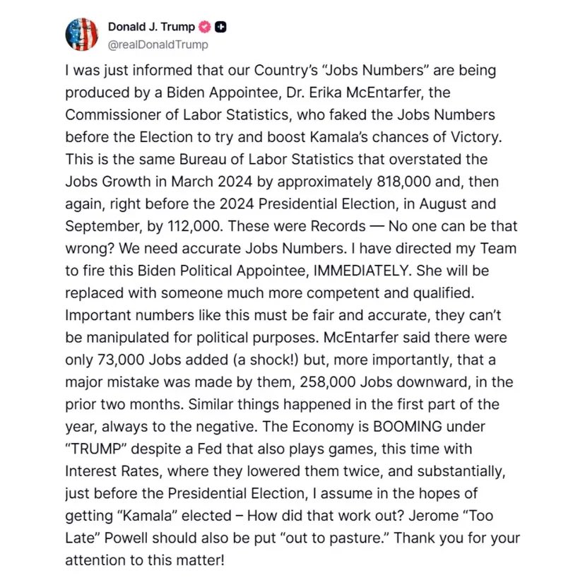🚨 BREAKING: Trump just FIRED Biden holdover Dr. Erika McEntarfer—accused of faking jobs numbers to boost Kamala. No more election lies on his watch. 🔥