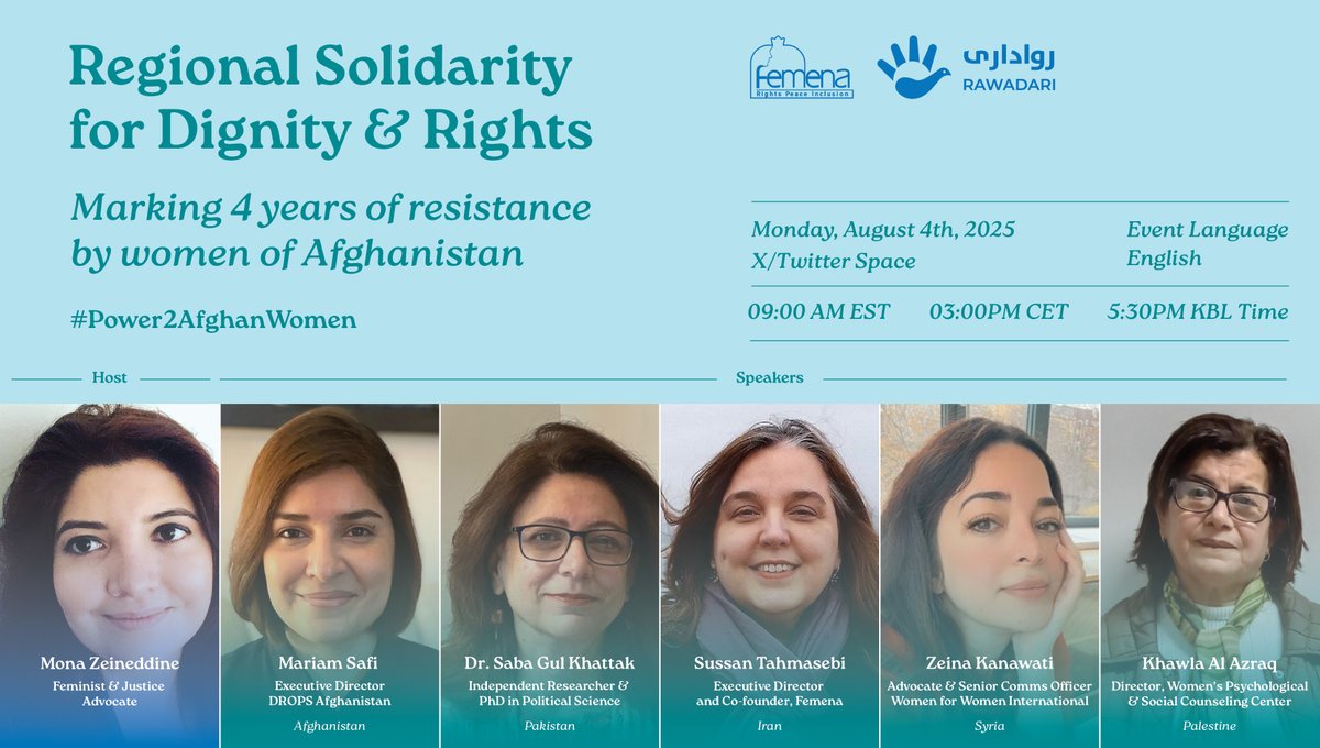 Join us for a vital conversation with regional experts on four years of Afghan women’s resistance and regional solidarity. #Power2AfghanWomen
<a href="/sussantweets/">Sussan Tahmasebi سوسن</a>  <a href="/OfficialMariamS/">Mariam Safi</a> <a href="/SabaGulKhattak/">Saba Khattak</a> <a href="/mona_zeineddine/">Mona Zeineddine</a>