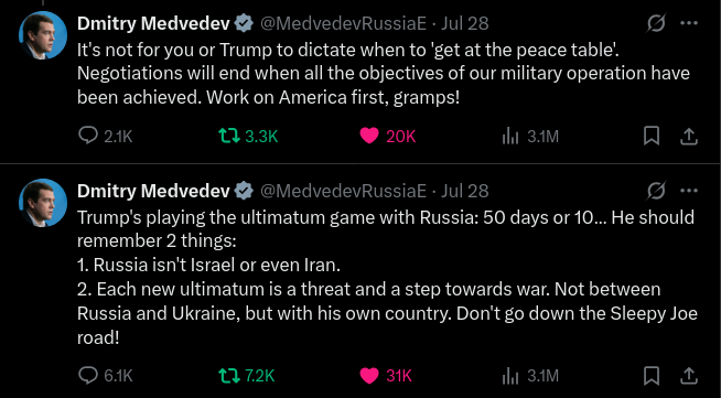 These are the tweets that Trump <a href="/POTUS/">President Donald J. Trump</a>  cries about like a little b*tch and decided to send two nuclear subs closer to Russia.

You really want that orange color permanent on your face fat man?

America, why are you this pathetic? 

<a href="/MedvedevRussiaE/">Dmitry Medvedev</a>