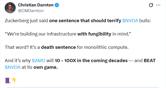 Be very selective about what you read...

1. $META talked about "fungibility" for over a year now. It has to do with balancing compute between core services and LLM developement. It has ZERO to do with GPU providers.

2. $NVDA's Blackwell is not monolithic design but chiplet same