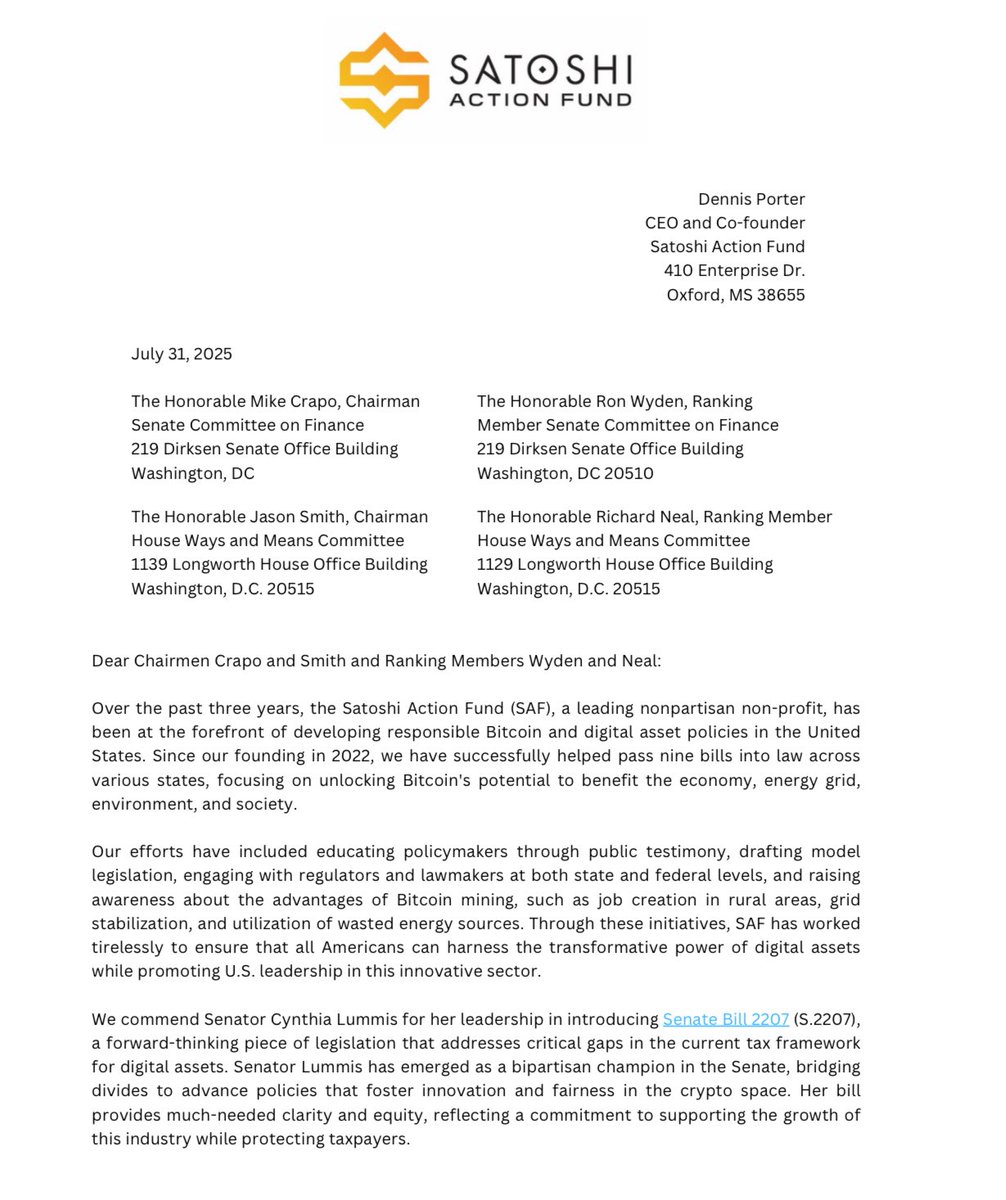 BREAKING: Satoshi Action sent a letter advocating for Bitcoin Tax reform to  Senate Finance and House Ways & Means leadership. We outline the need for:  - Capital gains exemption (de minimis) -