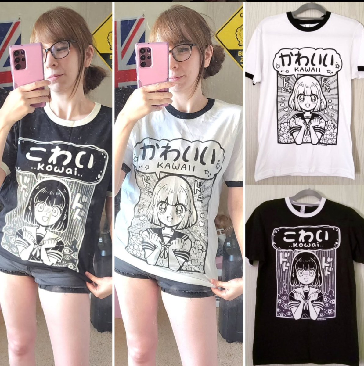 Remember these? 
A very limited stock is in right now of my matching "Kawaii" and "Kowai" ringer tees!
jenjenrose.shop

#animetees #indiefashion #customtees #kawaiifashion #originalart