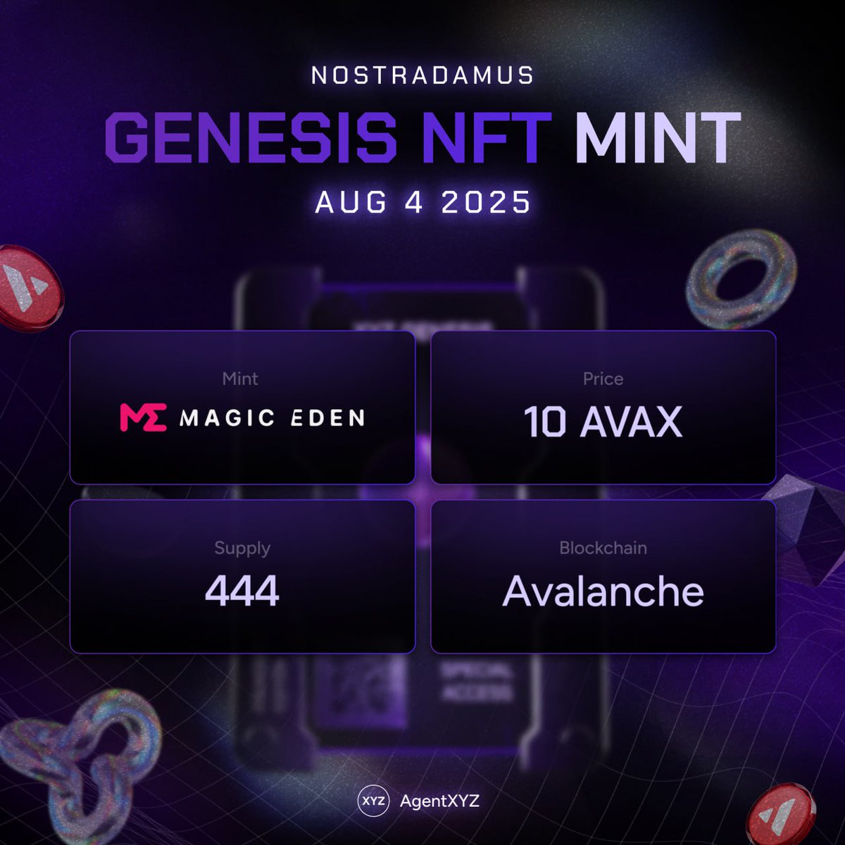 AgentXYZ | Trading Terminal (@agentxyz_ai) on Twitter photo Nostradamus – AgentXYZ Genesis NFT drops on <a href="/MagicEden/">Magic Eden 🪄</a>
⌛️ August 4th
🔺 444 NFTs
💣 1 day till TGE
What you'll get:
🟣 AgentXYZ ownership
🟣 Premium AI Auto Trading access
🟣 Reduced trading fees
Ready to join the AI trading revolution?
magiceden.io/launchpad/aval… Nostradamus – AgentXYZ Genesis NFT drops on <a href="/MagicEden/">Magic Eden 🪄</a>
⌛️ August 4th
🔺 444 NFTs
💣 1 day till TGE
What you'll get:
🟣 AgentXYZ ownership
🟣 Premium AI Auto Trading access
🟣 Reduced trading fees
Ready to join the AI trading revolution?
magiceden.io/launchpad/aval…