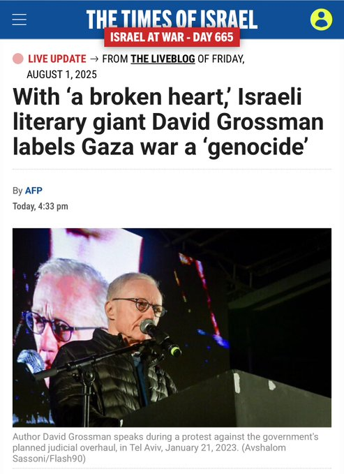 It is hard to overrate the importance of this. Grossman is, without a doubt, the most important writer in Israel today and the heir to Amos Oz. His son Uri was killed in southern Lebanon in combat in 2011. A great Zionist, a great man and a true Israeli icon. If he says it, he