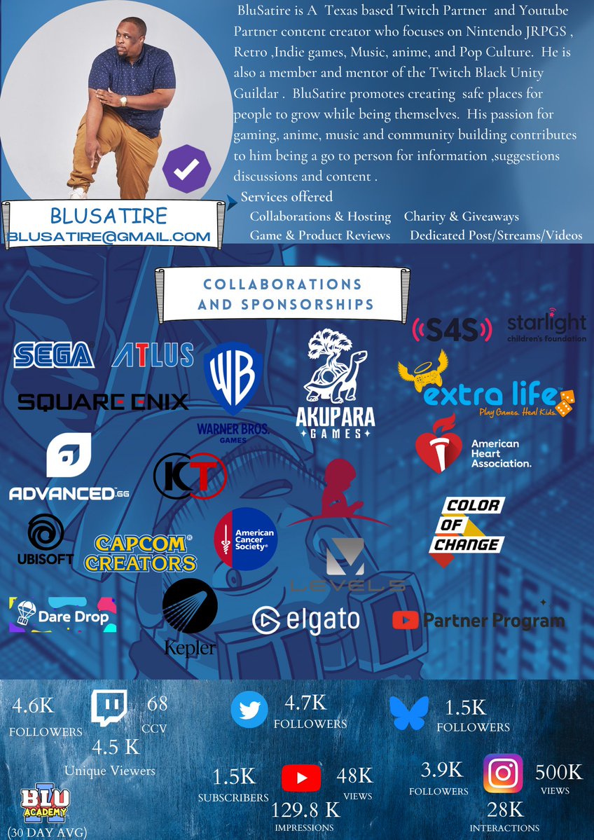 BluSatire (@blusatire) on Twitter photo Its that time again! Hi im BluSatire Aa Newly Twitch partner, would love to connect with companies, devs, and mutuals more to create some dope content! I love nintendo jrpgs indies anime and food and more
📩 Open to brand collabs & partnerships!
📷 Contact:blusatire@gmail.com Its that time again! Hi im BluSatire Aa Newly Twitch partner, would love to connect with companies, devs, and mutuals more to create some dope content! I love nintendo jrpgs indies anime and food and more
📩 Open to brand collabs & partnerships!
📷 Contact:blusatire@gmail.com