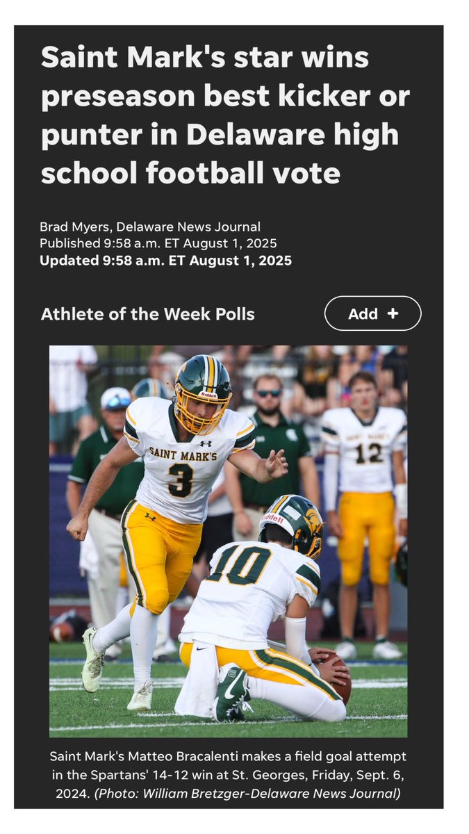 Thank you to Delaware Online and Delaware Orthopaedic Specialists for allowing me to receive this accolade. <a href="/OneOnOneNJNYPA/">One On One Kicking Northeast</a> <a href="/4thDownPerform/">4thDownPerformance</a> <a href="/EddieMish22/">Coach Eddie Mish</a>