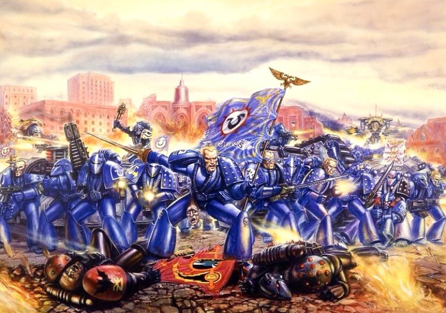 ULTRAMARINES! by Gerry Grace. I love this old piece as all the marines are based on old rogue trader era sculpts. Also check out those super dark night lords. Loving the bat logo they used to sport.
.
#oldhammer #art #warhammercommunity #warhammer #warhammer40k #40k