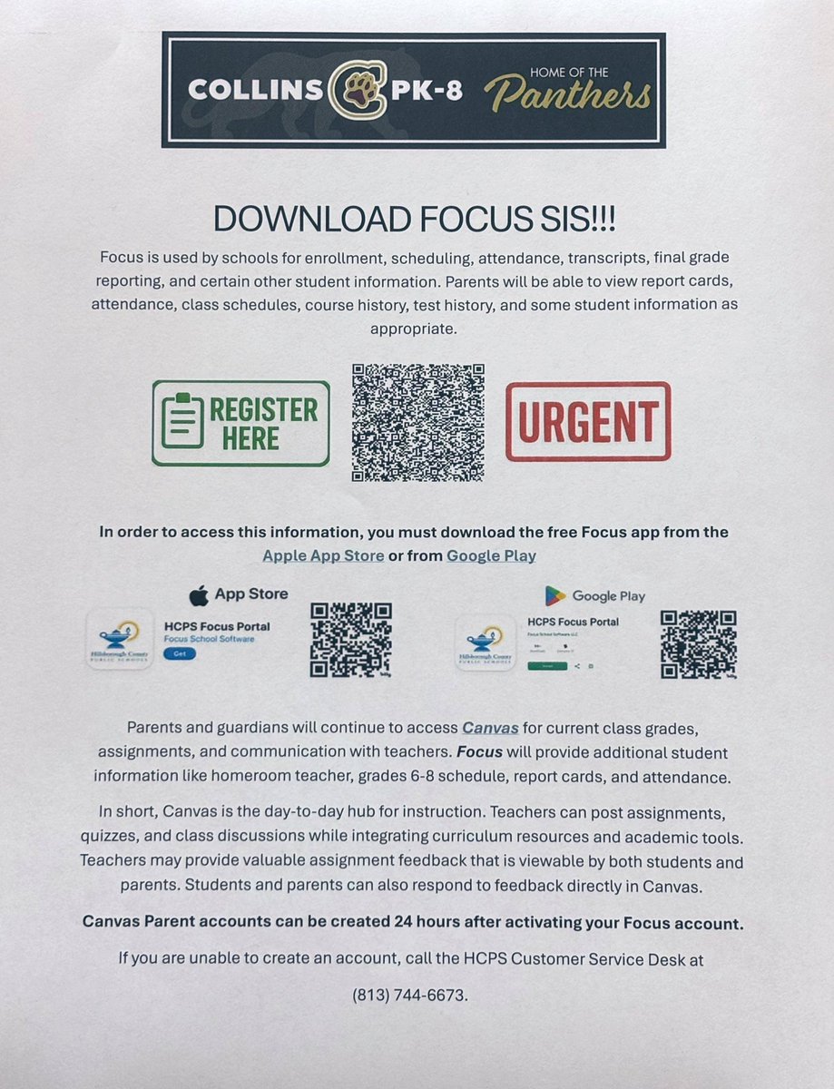 👀‼️🚨We have a new Student Information System called FOCUS! Download/register TODAY! You will need access to FOCUS for attendance, report cards, state assessment data, etc. Read this flyer and scan the QR code to get started. You can also access this information on our website.